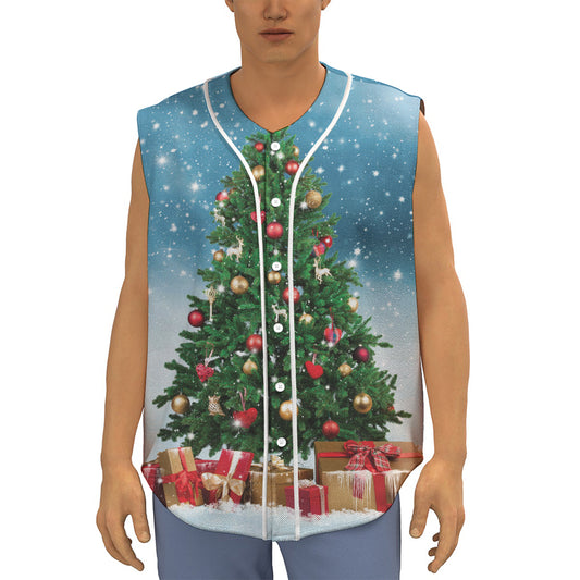 Christmas Tree And Snow Print Sleeveless Baseball Jersey