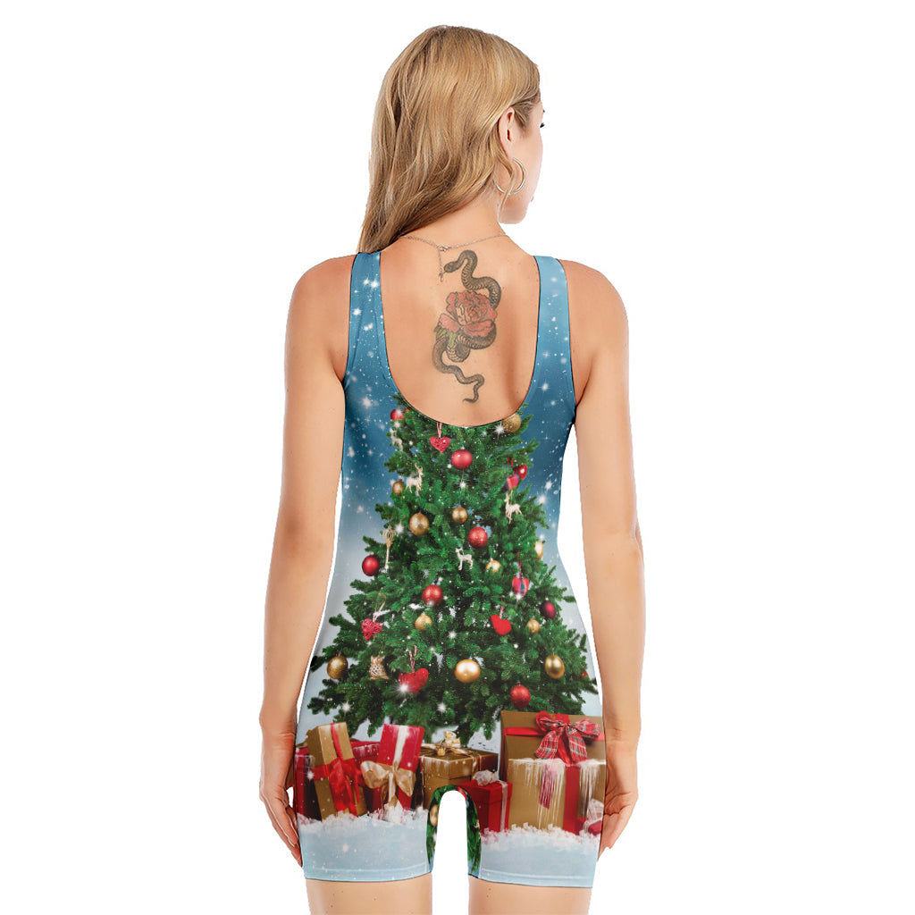 Christmas Tree And Snow Print Sleeveless One Piece Swimsuit