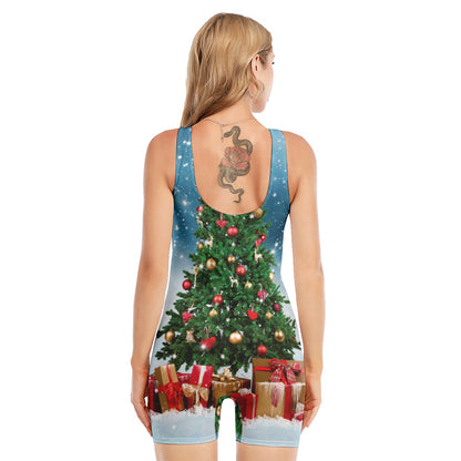 Christmas Tree And Snow Print Sleeveless One Piece Swimsuit