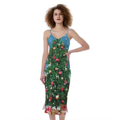Christmas Tree And Snow Print Slim Fit Midi Cami Dress