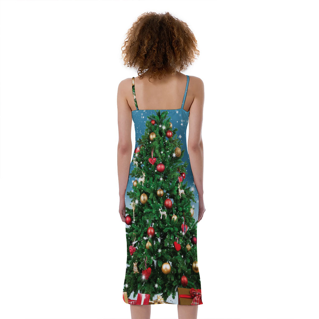 Christmas Tree And Snow Print Slim Fit Midi Cami Dress