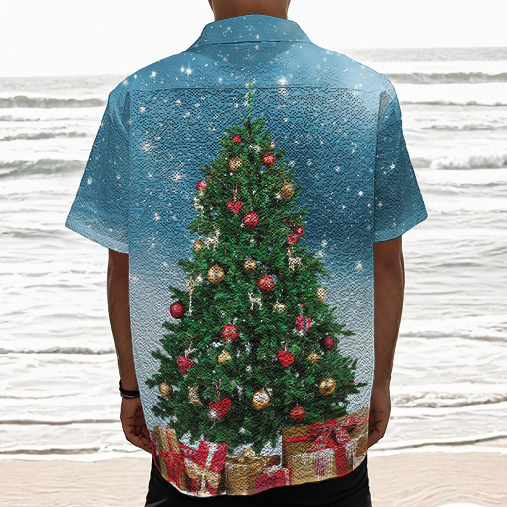 Christmas Tree And Snow Print Textured Short Sleeve Shirt