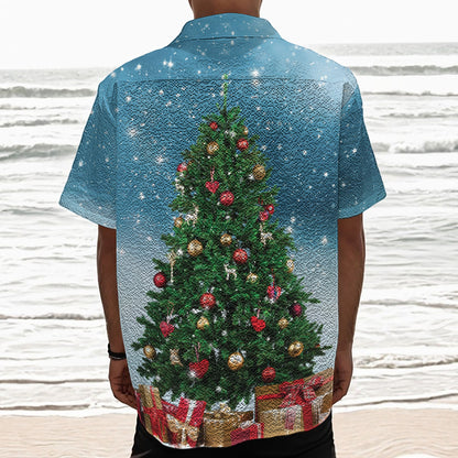 Christmas Tree And Snow Print Textured Short Sleeve Shirt