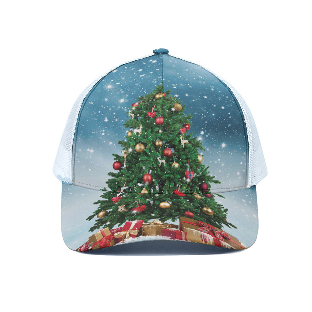 Christmas Tree And Snow Print White Mesh Trucker Cap