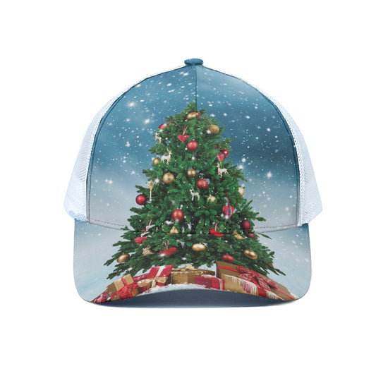 Christmas Tree And Snow Print White Mesh Trucker Cap