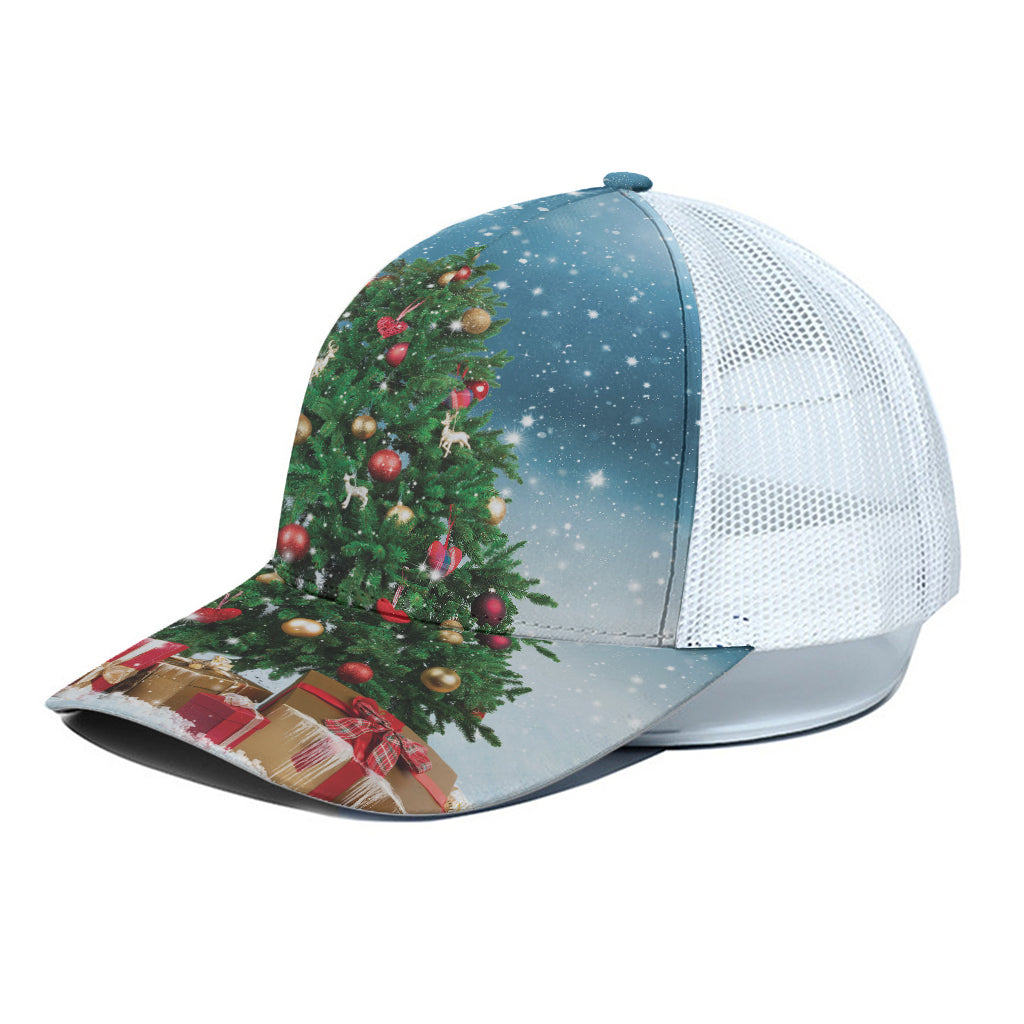 Christmas Tree And Snow Print White Mesh Trucker Cap