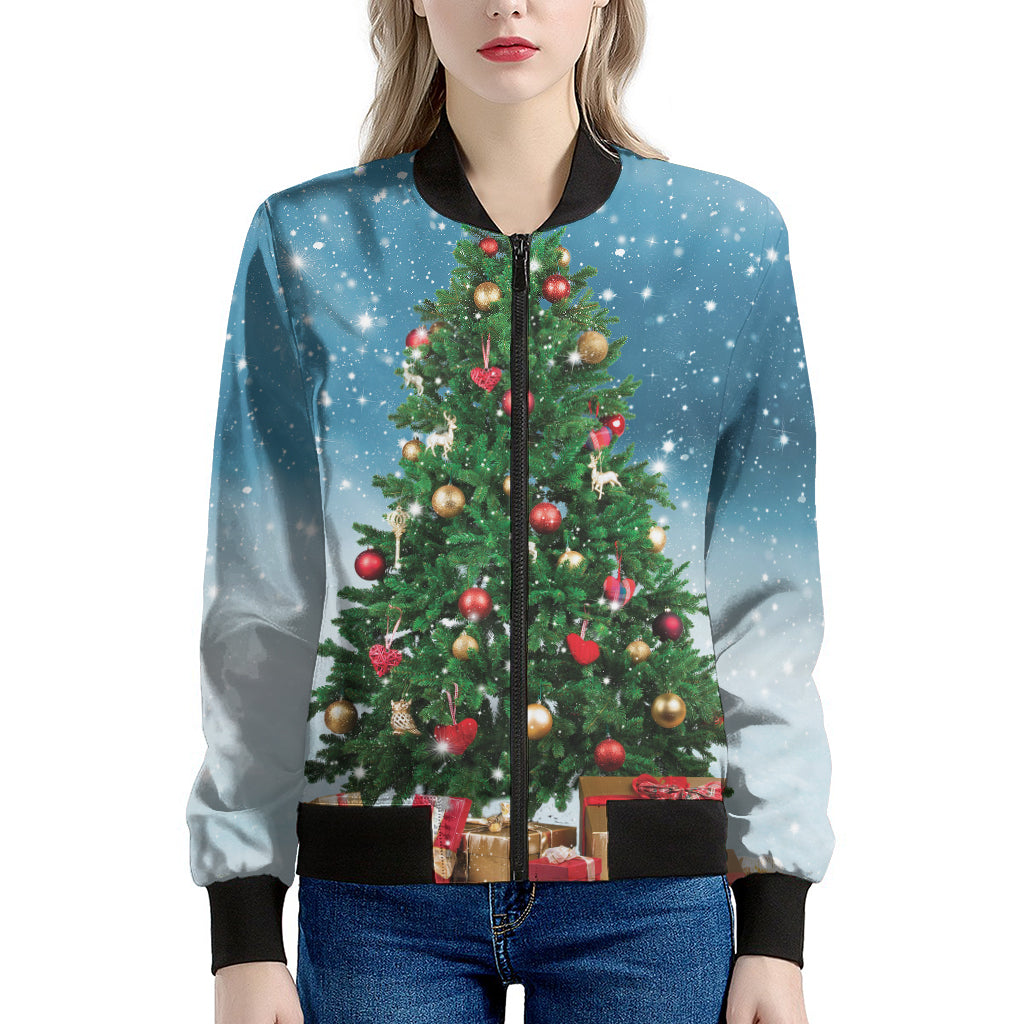 Christmas Tree And Snow Print Women's Bomber Jacket