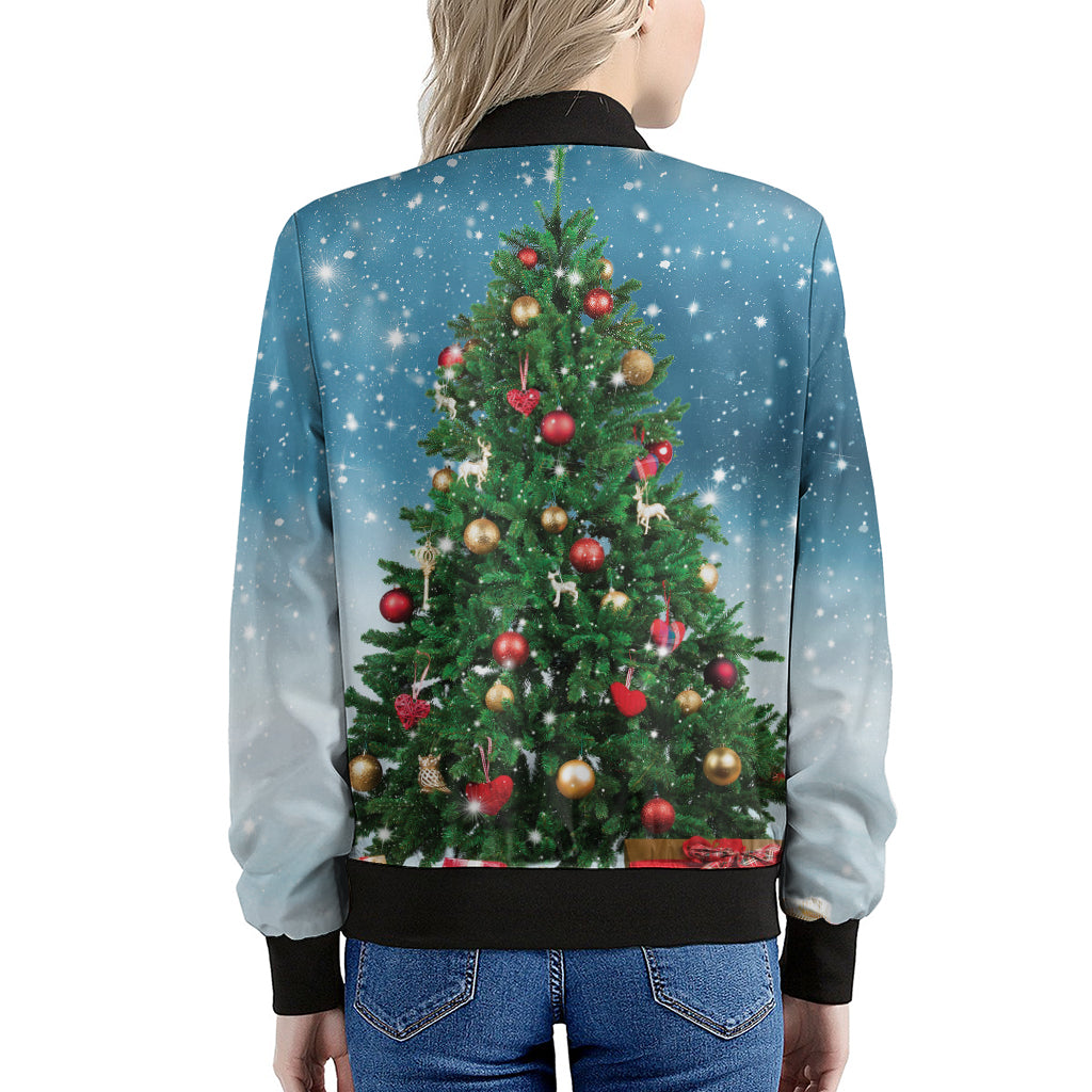 Christmas Tree And Snow Print Women's Bomber Jacket