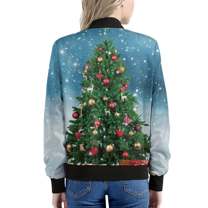 Christmas Tree And Snow Print Women's Bomber Jacket