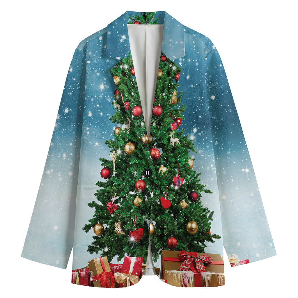 Christmas Tree And Snow Print Women's Cotton Blazer