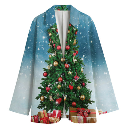Christmas Tree And Snow Print Women's Cotton Blazer