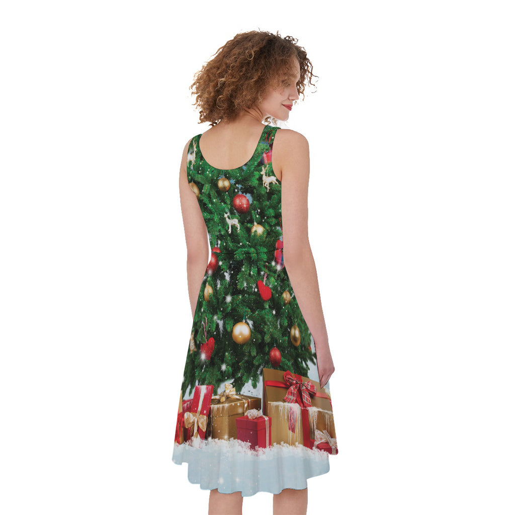 Christmas Tree And Snow Print Women's Sleeveless Dress