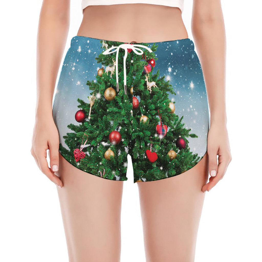 Christmas Tree And Snow Print Women's Split Running Shorts