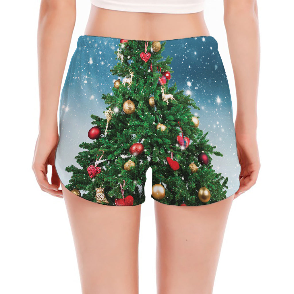 Christmas Tree And Snow Print Women's Split Running Shorts