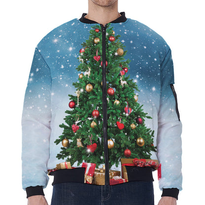 Christmas Tree And Snow Print Zip Sleeve Bomber Jacket