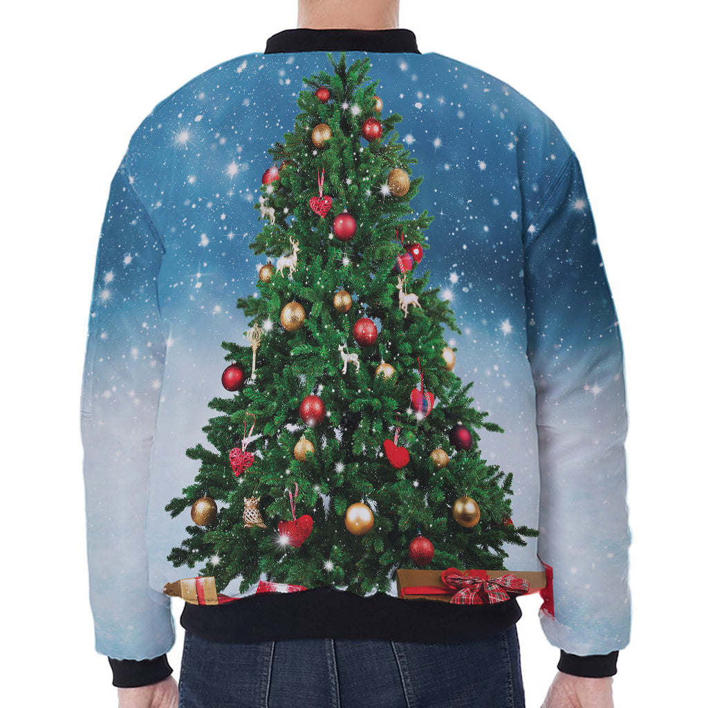 Christmas Tree And Snow Print Zip Sleeve Bomber Jacket