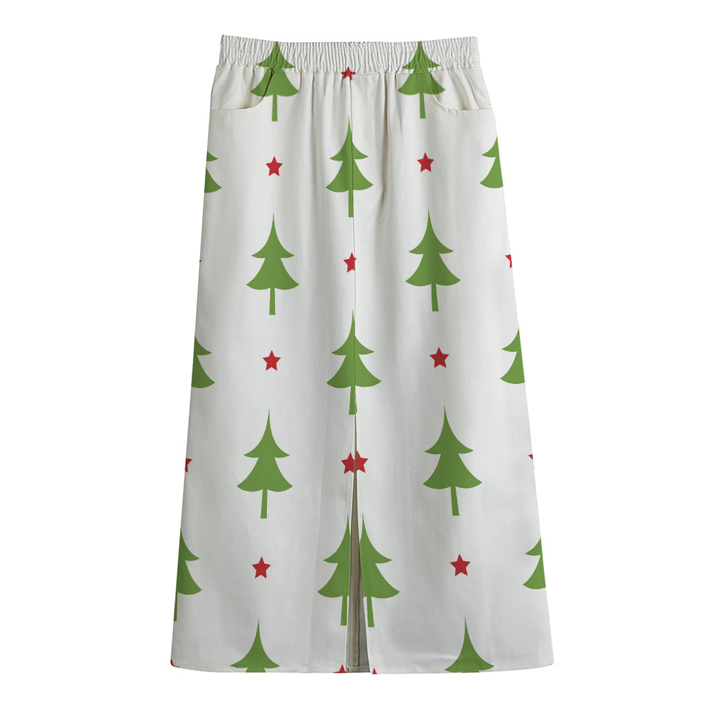 Christmas Tree And Star Pattern Print Cotton Front Slit Maxi Skirt