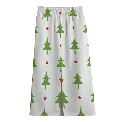 Christmas Tree And Star Pattern Print Cotton Front Slit Maxi Skirt