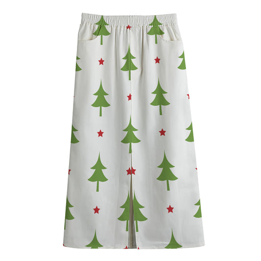 Christmas Tree And Star Pattern Print Cotton Front Slit Maxi Skirt