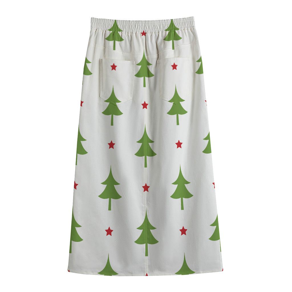 Christmas Tree And Star Pattern Print Cotton Front Slit Maxi Skirt