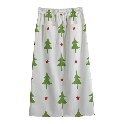 Christmas Tree And Star Pattern Print Cotton Front Slit Maxi Skirt
