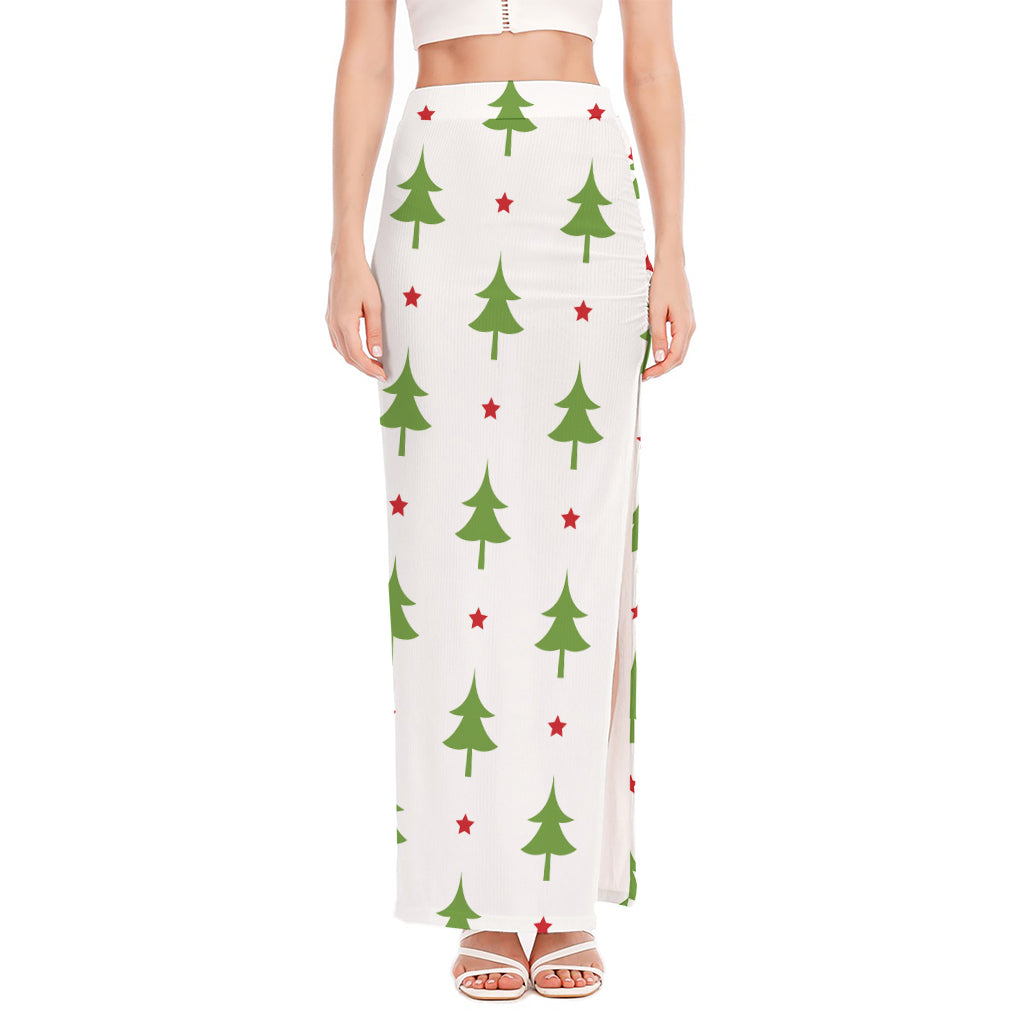Christmas Tree And Star Pattern Print High Slit Maxi Skirt