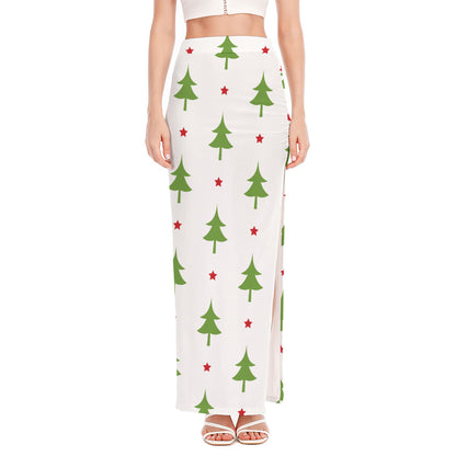 Christmas Tree And Star Pattern Print High Slit Maxi Skirt