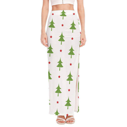 Christmas Tree And Star Pattern Print High Slit Maxi Skirt