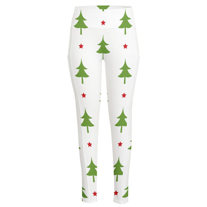 Christmas Tree And Star Pattern Print High-Waisted Pocket Leggings