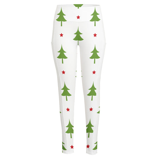 Christmas Tree And Star Pattern Print High-Waisted Pocket Leggings
