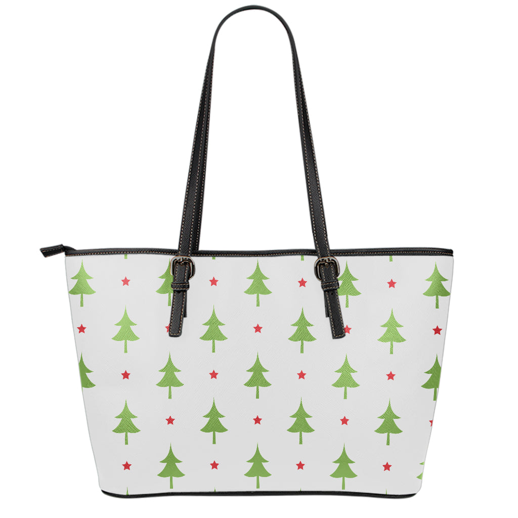 Christmas Tree And Star Pattern Print Leather Tote Bag
