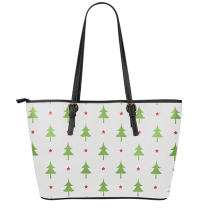 Christmas Tree And Star Pattern Print Leather Tote Bag
