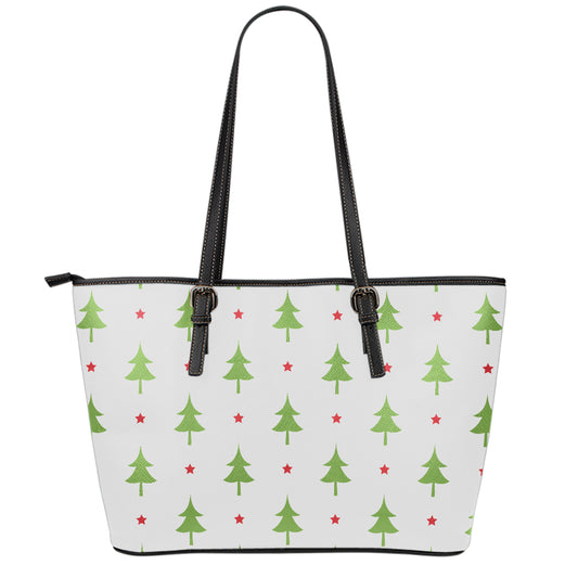 Christmas Tree And Star Pattern Print Leather Tote Bag