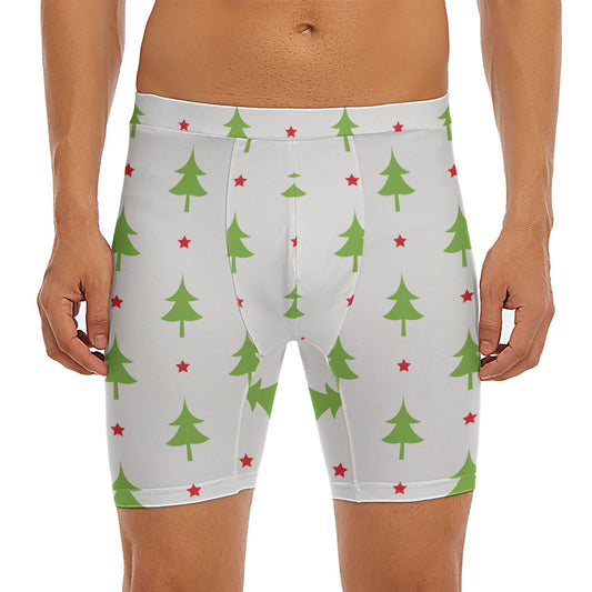 Christmas Tree And Star Pattern Print Men's Long Boxer Briefs