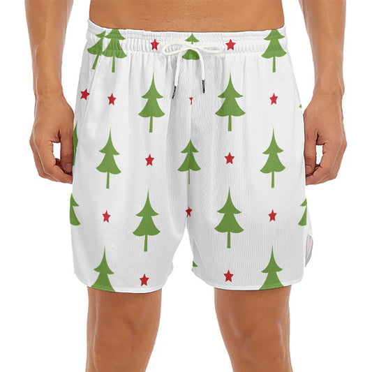 Christmas Tree And Star Pattern Print Men's Split Running Shorts