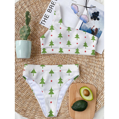 Christmas Tree And Star Pattern Print One Shoulder Bikini Top