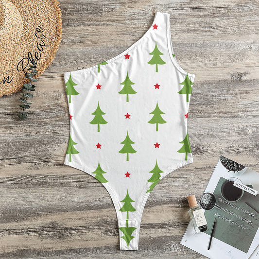 Christmas Tree And Star Pattern Print One Shoulder Bodysuit