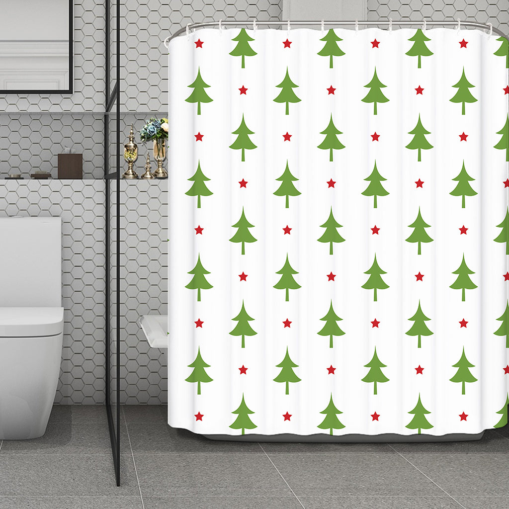 Christmas Tree And Star Pattern Print Polyester Shower Curtain