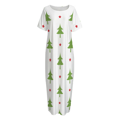 Christmas Tree And Star Pattern Print Short Sleeve Long Nightdress