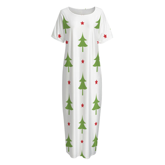 Christmas Tree And Star Pattern Print Short Sleeve Long Nightdress