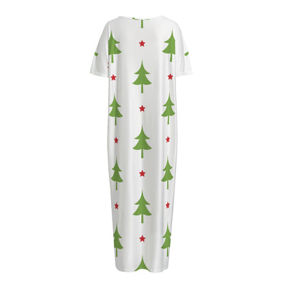 Christmas Tree And Star Pattern Print Short Sleeve Long Nightdress