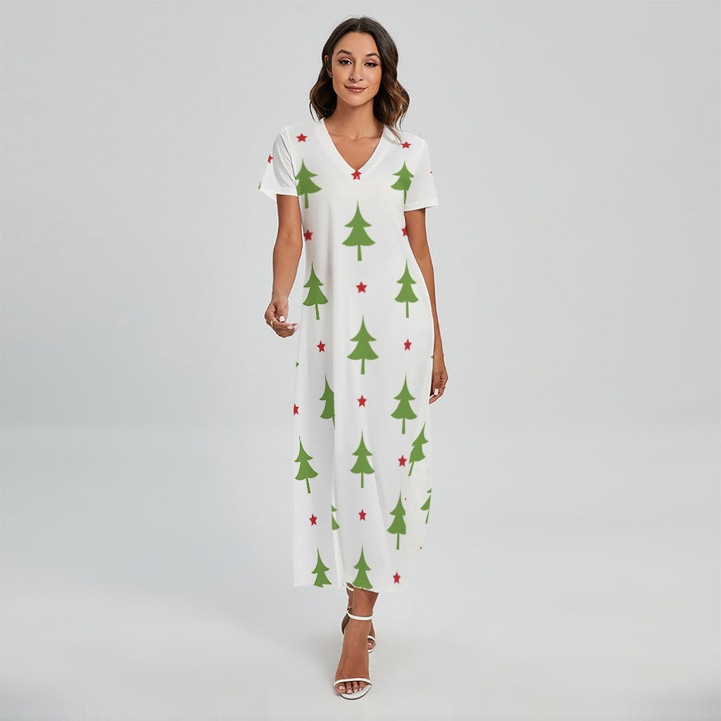 Christmas Tree And Star Pattern Print Short Sleeve Maxi Dress