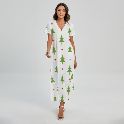 Christmas Tree And Star Pattern Print Short Sleeve Maxi Dress