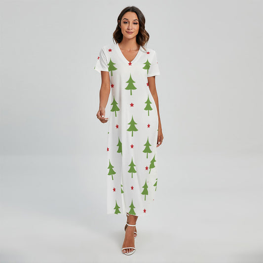Christmas Tree And Star Pattern Print Short Sleeve Maxi Dress