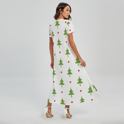 Christmas Tree And Star Pattern Print Short Sleeve Maxi Dress