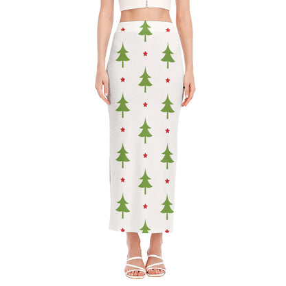 Christmas Tree And Star Pattern Print Side Slit Maxi Skirt
