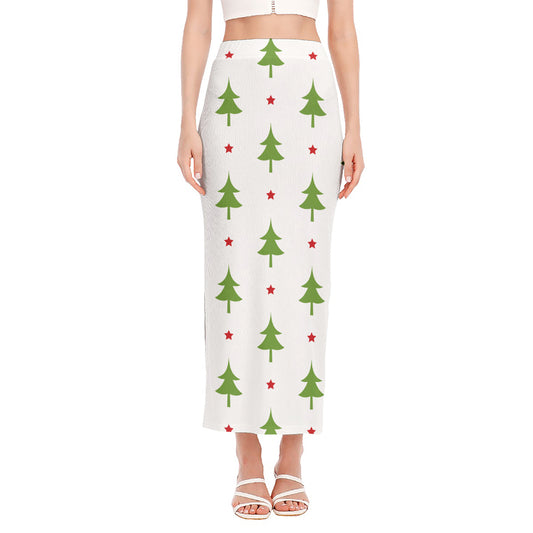 Christmas Tree And Star Pattern Print Side Slit Maxi Skirt