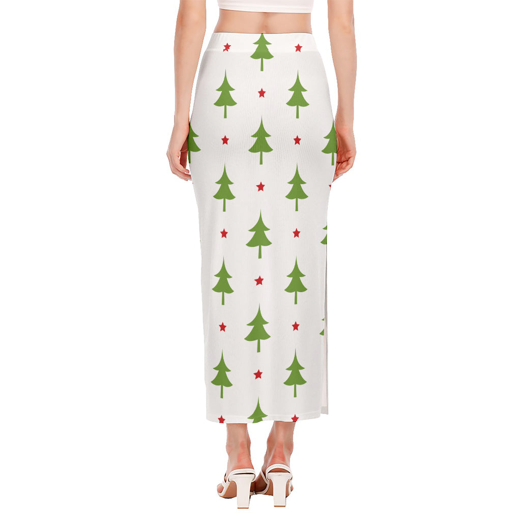 Christmas Tree And Star Pattern Print Side Slit Maxi Skirt