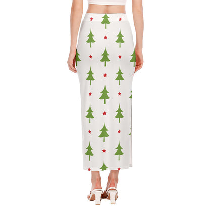 Christmas Tree And Star Pattern Print Side Slit Maxi Skirt