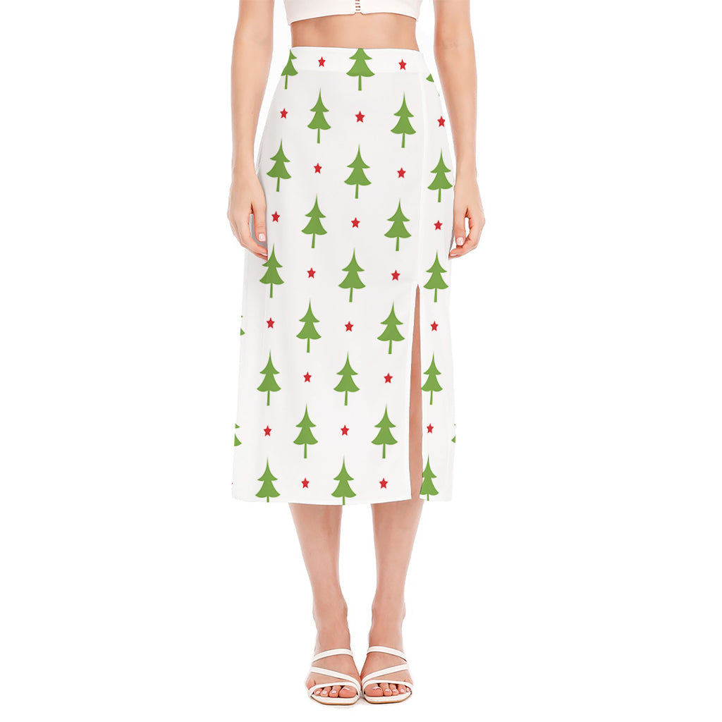 Christmas Tree And Star Pattern Print Side Slit Midi Skirt
